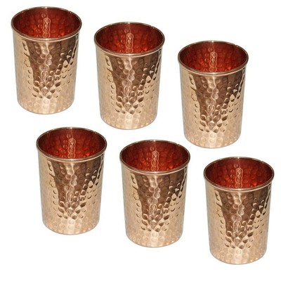 Pure Copper Glass Set, Handcrafted Hammered Cups for Health Benefits - Pack Of 6