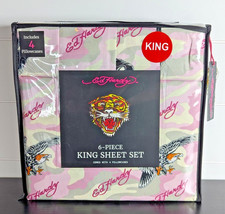 Ed Hardy 6-pc King Sheet Set w/4 Pillowcases Eagle, Black Tiger - NEW