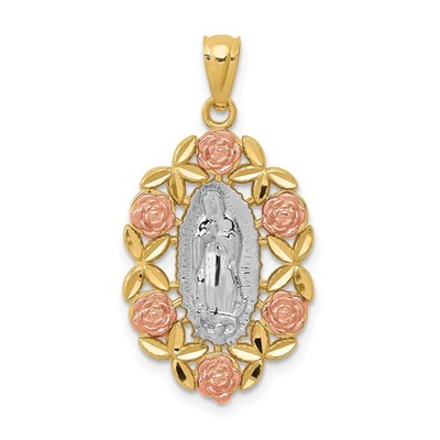 14k Bicolor Gold Unsere Liebe Frau von Guadalupe Jungfrau Maria Katholisch Blumen Anhänger Damen