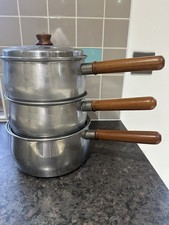 Set Of 3 Prestige Saucepans Wooden Handle With Lids  Copper Base
