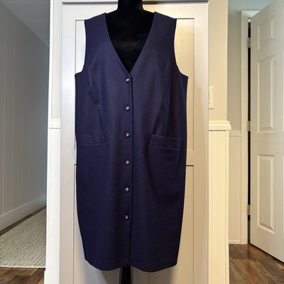 Vtg 90s SAG HARBOR Wool Sleeveless Jumper Dress Women's 16W Button Pockets Blue