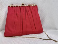 Vintage Madwed Red Satin Pleated Clutch Purse 23 Rhinestone Crystals Evening Bag