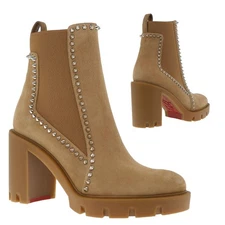 Christian Louboutin Out Line Spikes Chelsea Booties Beige Suede Size 39 US New