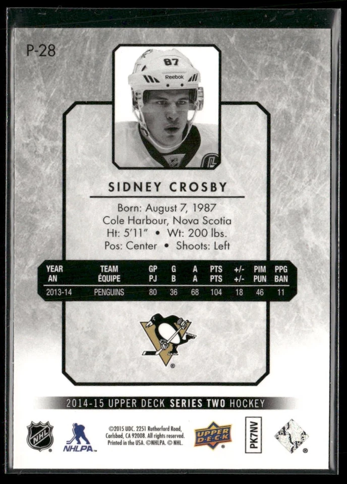 2014-15 Upper Deck Sidney Crosby UD Portraits #P-28 Pittsburgh Penguins - Image 2 of 2