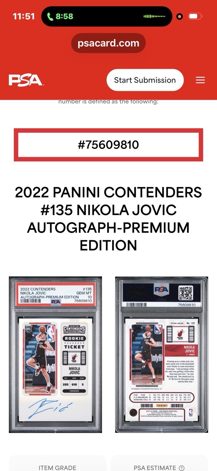 2022 Panini Contenders #135 Nikola Jovic AUTO - PREMIUM EDITION PSA 10 TOP POP view 3
