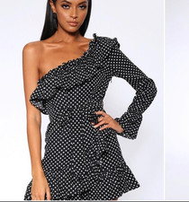 NWT Nasty Gal One-Shoulder Ruffle Mini Dress • Polka Dot • Coquette Aesthetic •