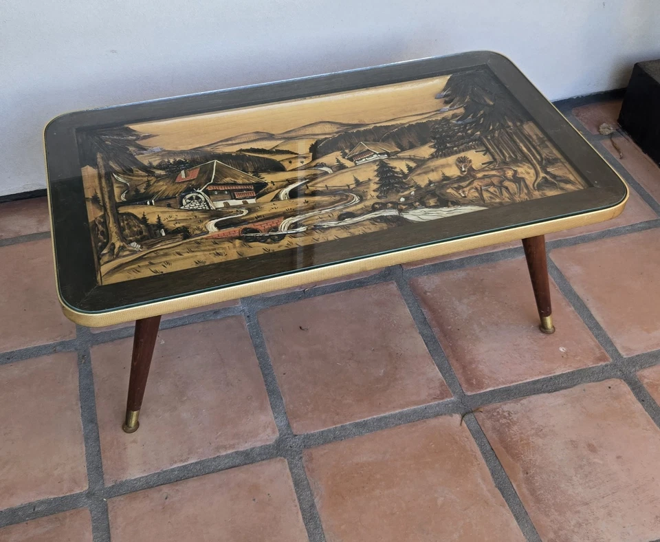 Vintage German Hand Carved Painted 3D Black Forest Chalet Coffee Table MCM - Image 2 of 4