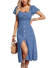 Women's Bohemian Floral Printed Wrap V Neck Short Sleeve Split Maxi Dress