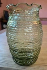 Vintage Anchor Hocking Soreno Avocado Green Glass Vase 7" Ruffled Edge MCM