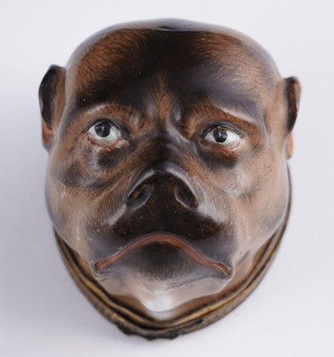 Antique 19th century Samson Paris Bonbonniere Pugs Head Hand Painted Bird Cover