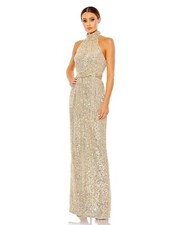 NWT Mac Duggal 11281 SZ 2 SEQUIN HALTER SOFT TIE DRESS CHAMPAGNE GOLD $398