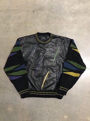 Vintage 90's Saxony Knit Leather Sweater Mens Medium Coogi Style