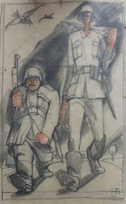 Marching Military Humorous Pencil Drawing Circa 1940