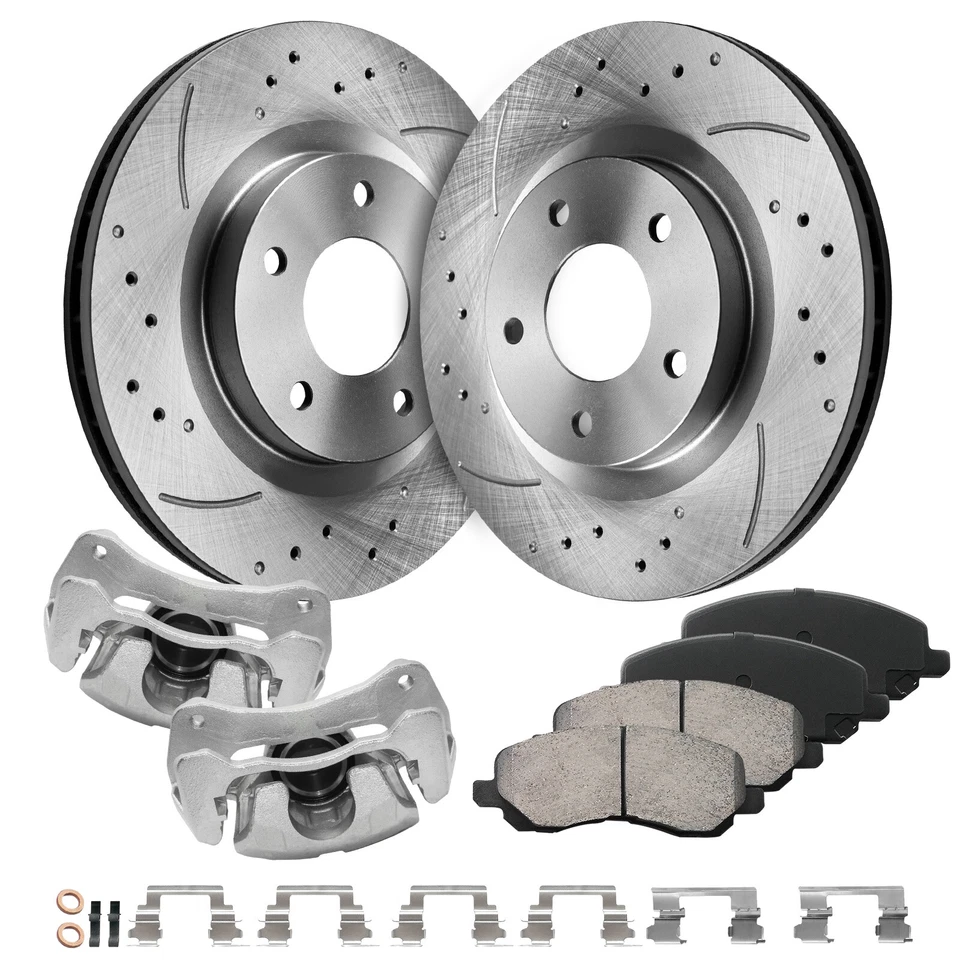 Front Drilled Rotors Brake Calipers & Pads for 2006 2007-2012 Mitsubishi Eclipse - Image 3 of 4