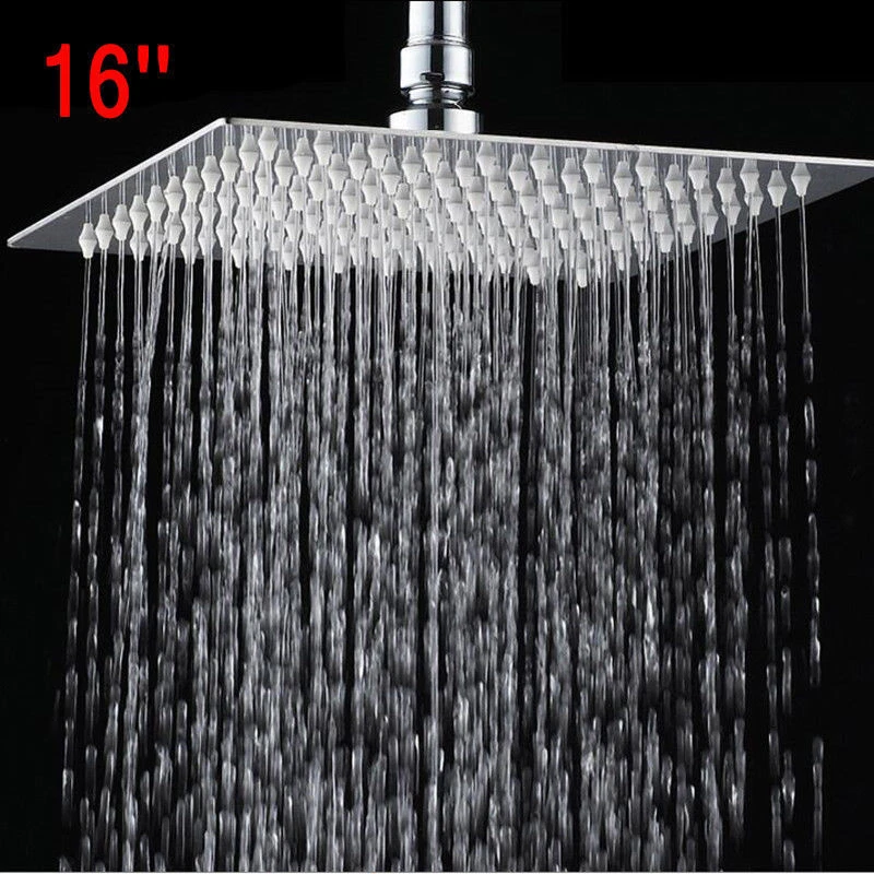 16'' Bath Square Top Shower Heads Stainless Steel Rain Rainfall Spout Mixer Tap