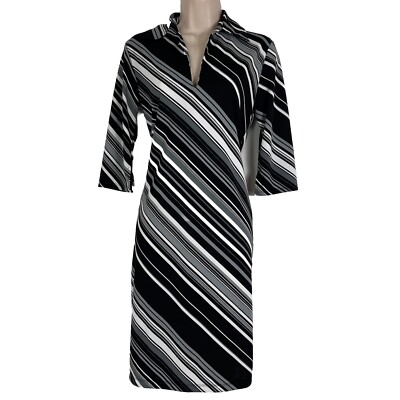 #ad Express Dress Women#x27;s Size 3 4 Striped Knee Length 3 4 Sleeve V Neck Sheath $23.99