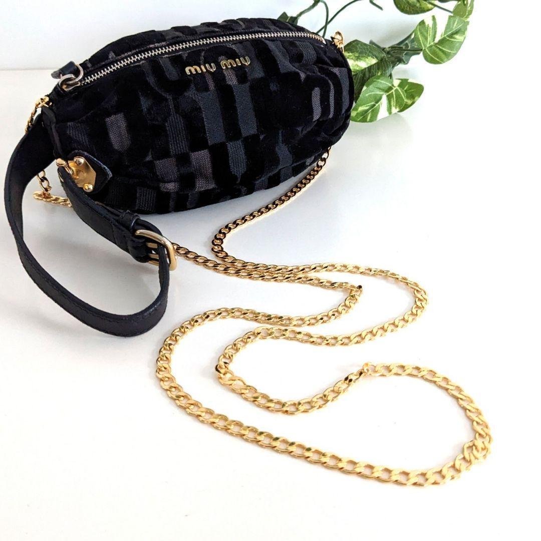 Miu Miu Pochette Shoulder Pouch Pattern Mini Bag Black Gold Authentic