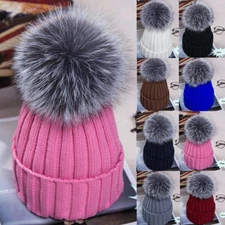 Women Ladies Winter Beanie Ski Warm Knitted Hat Cap with Faux Fur Pom Pom