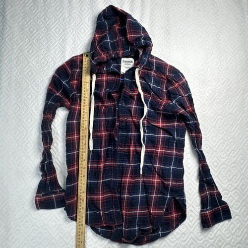Garage Womens Hooded Button Up Shirt Plaid Long Sleeve Top Strings Red And Blue - Picture 2 of 7