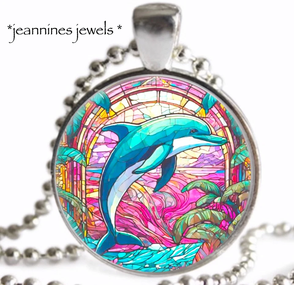 COLLAR Delfín Rosa Verano Imitación Vidrieras Arte Impresión Plata Dije Colgante Foto 4 de 4
