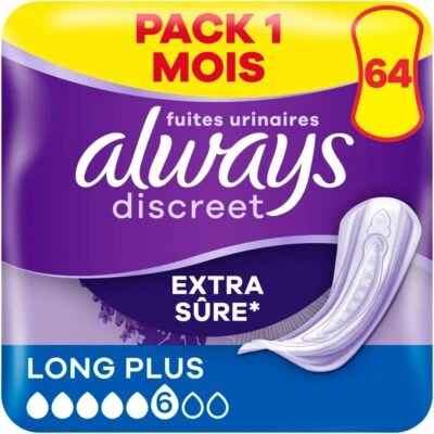 Always Discreet 64 Serviettes Hygiéniques Incontinence Femme Long plus 5 Gou