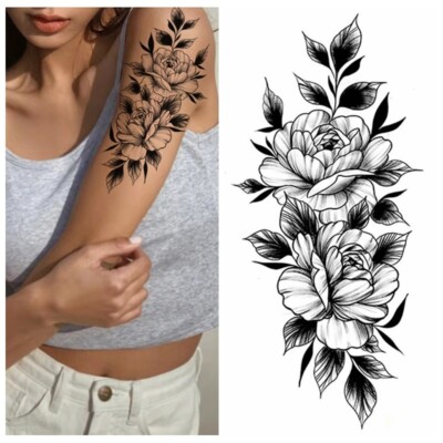 Black Flower Peony Temporary Tattoos Camellia Hand Drawing Sketch Floral Leg Arm