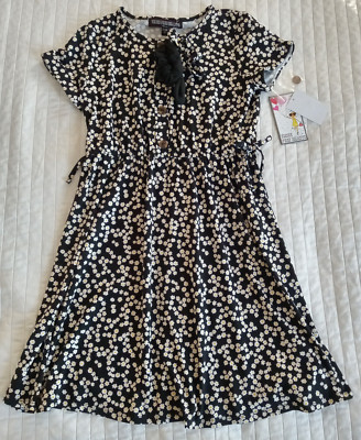 NWT Girls XL 'Three Pink Hearts' Black Floral Dress & Two Scrunchies