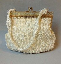 Winter White Beaded Purse Satin Evening Hand Bag Cream Gold Metal Frame Vintage