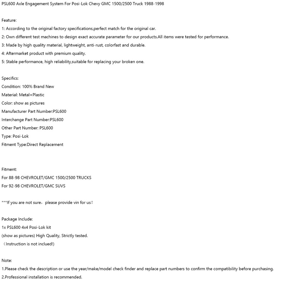 4x4 PosiLok Kit Axle Engagement System For 8898 Chevy/GMC 1500/2500