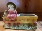 VTG Hull Ceramic Girl W/ Puppy On Fence Windowsill Planter USA Green Pink MCM