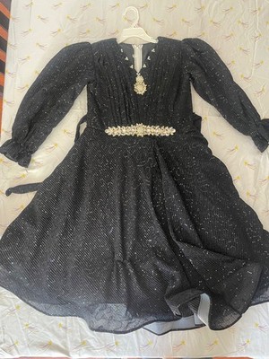 Girls Black Sequin Long Sleeve Princess Rhinestone Belt Pearl Accent size 10