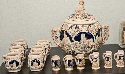 GERZ German Vintage Castle Tureen Punch Bowl W 6 individual Cups, 6 Mini Cups