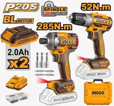 INGCO Bohr- & Schlagschrauber Combo-Kit - 20 V Brushless Akkus & Ladegerät