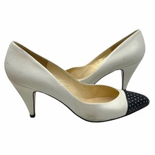 Vtg 80s Evan Picone White Leather Pumps Black Polka Dot Cap Toe Heels Spain 7.5