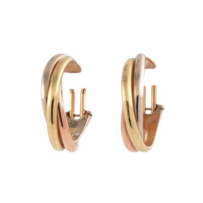 Cartier 18K Tri Color Gold Hoop Earrings Trinity Style Omega Back