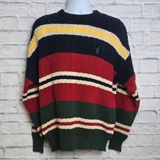 Vintage Nautica Sweater Mens Large Stripe Cable Knit Crew Neck Navy Multi Color