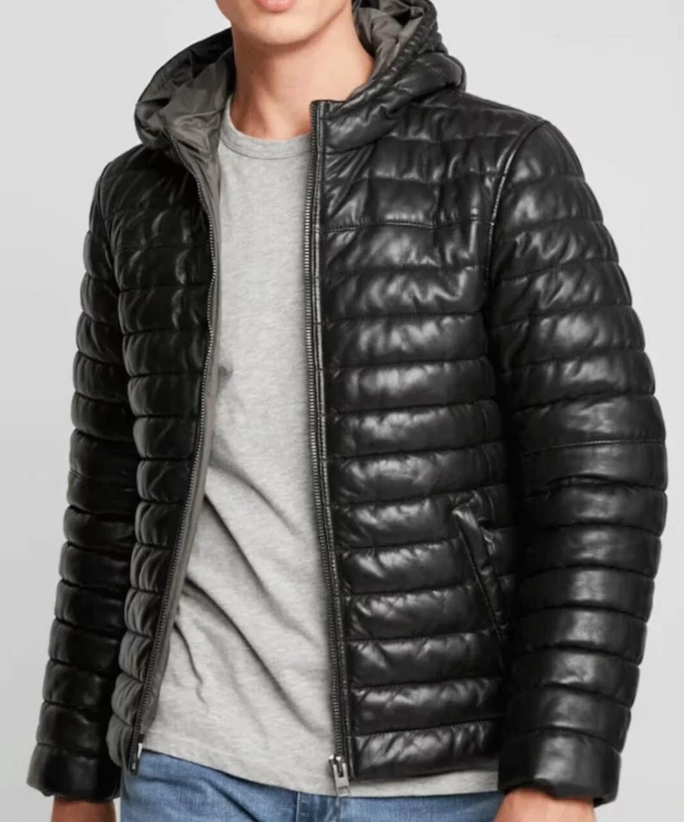 Men's Black Genuine Leather Puffer Jacket | Hooded Insulated Outerwear