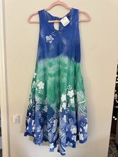 Crazy Fish Blue Green Hand Painted Sundress Tropical Floral Beach Dress New L