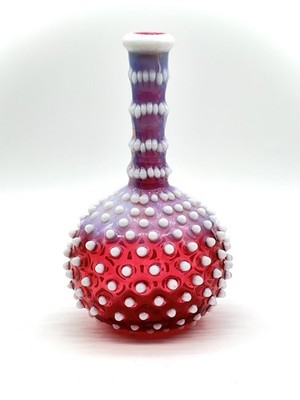Antique Hobbs Opalescent Cranberry Hobnail  Pineapple  Barber Bottle 7 7/8 