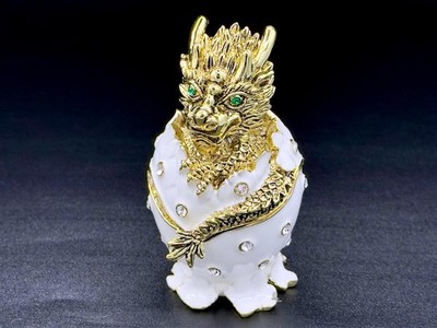   Luxury Jeweled Dragon in Egg Trinket Box Gold & White Enamel Hinged Crystals