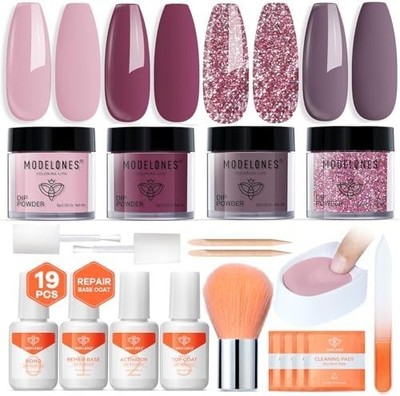 Modelones Dip Powder Nail Kit 4 Colors Purple Pink Glitter With Accessories