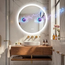 LED Round Bathroom Mirror with Bluetooth Speaker Wall Mirror Anti-Fog Dimmable