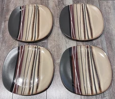 Set of 4 Home Trends Bazaar Brown 8.75” Square Salad Plates Tan White Stripes