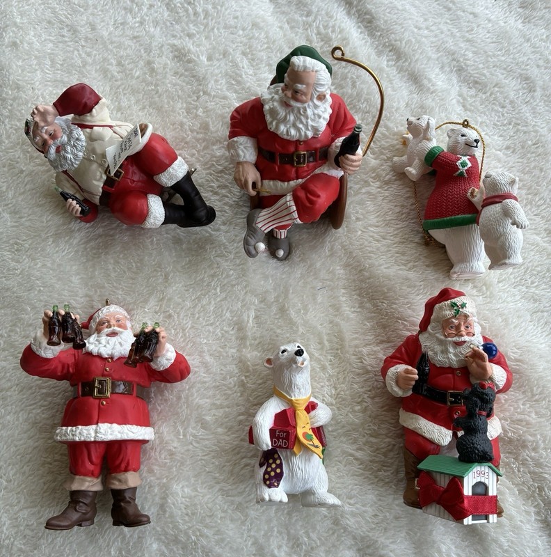 Vintage Lot Of 6 Hallmark Coca Cola Ornaments Santa/Polar Bears No Boxes