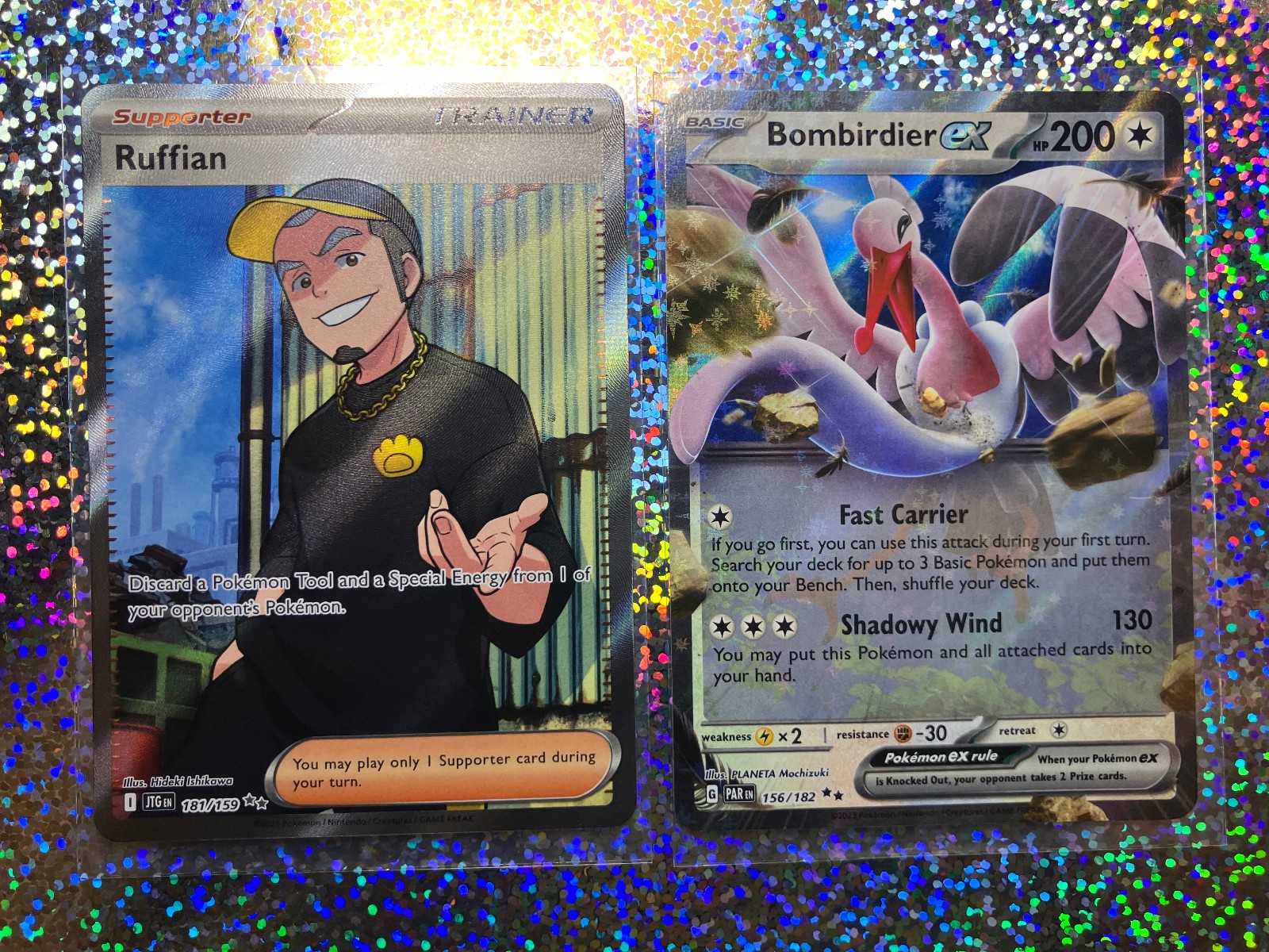 Pokemon TCG: Paradox Rift 156/182 Bombirdier ex; Full Art 181/159 Ruffian