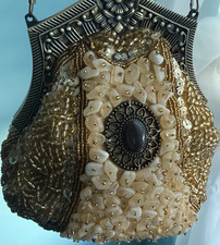 Vintage Gold Ivory Beaded Satin Evening Bag Ornate Frame Chain Strap