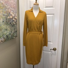 Ann Taylor Mustard Yellow Long Sleeve Sweater Dress Collared V-Neck Faux Wrap L