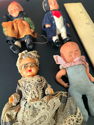 Vintage 50sDoll Lot of 4 Small 3in Blonde Blue Eyes Plastic Heads Fabric Clothes