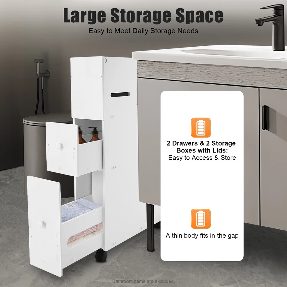 Slim Bathroom Storage Cabinet Floor Standing Toilet White Narrow Cupboard Shelf - Image 3 of 4