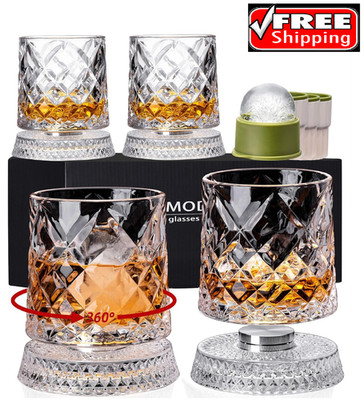 Spinning Whiskey Glasses Set of 4 with Iceball Molds, 9.5Oz Lead-Free Rotatable